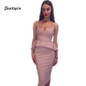 2017 Sexy Red Black White Khaki Pink Yellow Green Women Party Dress Ruffles Knee Length Vestidos Two Piece Set Bandage Dresses