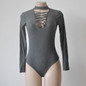2016 Knitted lace up bodysuit high neck women jumpsuit sexy club bodycon bodysuit women tops cut out party blouse black blusa
