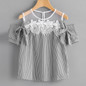Feitong Summer Women Blouses Sexy Short Sleeve Cold Shoulder Lace Splice Striped Blouse Casual Tops Blouse Shirt Blusas feminina