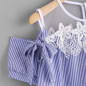 Feitong Summer Women Blouses Sexy Short Sleeve Cold Shoulder Lace Splice Striped Blouse Casual Tops Blouse Shirt Blusas feminina