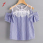 Feitong Summer Women Blouses Sexy Short Sleeve Cold Shoulder Lace Splice Striped Blouse Casual Tops Blouse Shirt Blusas feminina