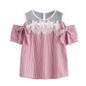 Feitong Summer Women Blouses Sexy Short Sleeve Cold Shoulder Lace Splice Striped Blouse Casual Tops Blouse Shirt Blusas feminina