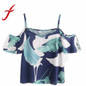 Feitong 2018 Summer Women Chiffon Blouses Sexy Leaf Print Cold Shoulder Slash Neck Short Blouse Shirt Crop Tops blusas feminina