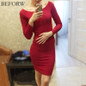 BEFORW Long Sleeve Winter Autumn Dress Fashion Cotton Maxi Dresses Plus Size Women Clothing Sexy Black Red Gary Bodycon Dress
