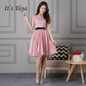 It's YiiYa New Pink Illusion Short Sleeves Flowers Zipper Lace Cocktail Dress Knee Length Formal Dress Party Gown LX132