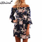 iShine Off the shoulder floral printed women sexy short beach boho dress vestidos flare sleeve slash neck women mini dress