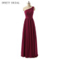 A Line Dark Red Long Floor Length Chiffon Bridesmaid Dresses Pleated One Shoulder Bridesmaids Gown