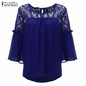 Summer Autumn 2017 Women Shirts Hollow Out Sexy Lace Patchwork Chiffon Blouses Casual Loose Flare Sleeve Solid Blusas Tops