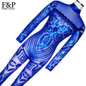 Blue Rompers Womens Jumpsuit Romper Sexy Gold Geometric Tattoo Sequin Jumpsuit Women Long Sleeve Sequined Women Bodysuit Catsuit