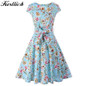 Kostlich Floral Print Summer Sundress 2017 Short Sleeve Belt Tunic Vintage Dress Women Elegant Swing Rockabilly Party Dresses