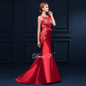 Dressv scoop neck appliques bowknot mermaid long evening dress red sleeveless trumpet formal dress modern mermaid evening dress
