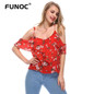 Red Floral Print Ruffles Sexy Chiffon Blouse Off Shoulder Women Tops Halter Female Shirt Summer Beach chemise blusa de renda