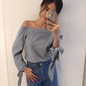 2017 Plus Size Women Sexy Blouses Slash Neck Off Shoulder Bow Long Sleeve Casual Tops Shirts Blue White Striped Party Blusas