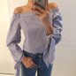 2017 Plus Size Women Sexy Blouses Slash Neck Off Shoulder Bow Long Sleeve Casual Tops Shirts Blue White Striped Party Blusas