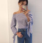2017 Plus Size Women Sexy Blouses Slash Neck Off Shoulder Bow Long Sleeve Casual Tops Shirts Blue White Striped Party Blusas