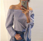 2017 Plus Size Women Sexy Blouses Slash Neck Off Shoulder Bow Long Sleeve Casual Tops Shirts Blue White Striped Party Blusas