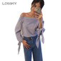2017 Plus Size Women Sexy Blouses Slash Neck Off Shoulder Bow Long Sleeve Casual Tops Shirts Blue White Striped Party Blusas