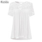 2018 ZANZEA Elegant Women Blouses Lace Crochet Splice Shirts O Neck Short Sleeve Hollow Out Casual Loose Blusas Sexy Tops