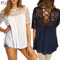 2018 ZANZEA Elegant Women Blouses Lace Crochet Splice Shirts O Neck Short Sleeve Hollow Out Casual Loose Blusas Sexy Tops