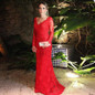 Mermaid V neck Appliques robe de soiree Red Long Evening Party Dress 2016 vestido de festa Backless Long Sleeve Prom Dresses