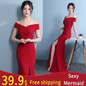 Mermaid Designer Evening Gowns Side Split Red Prom Dress Sexy Long Evening Dresses V Neck Imported Party Vestidos De Gala GQ827