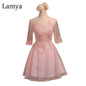 Lamya Short Lace Vestido De Festa Sexy Knee Length Sweet Pink Tulle Ball Gown Party Dress abendkleider