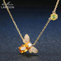 LAMOON Little Bee 14K Yellow Gold Pendant Necklace For Women Natural Citrine 925 Sterling Silver Fine Jewelry Bijoux NI015