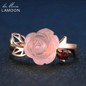 LAMOON Engagement Rings for Women Rose Flower 100% Natural Pink Romantic Rose Quartz 925 Sterling Silver Fine Jewelry Anel RI025