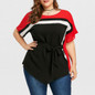 AZULINA Plus Size Tie Belt Batwing T-Shirt O Neck Color Block Women T-Shirts 2018 Casual Summer T Shirt Ladies Tops Big Size 5XL