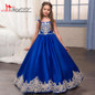 2017 Royal Blue Flower Girls Dresses for Weddings with Gold Lace Appliques Little Girls Pageant Gowns First Communion Dress