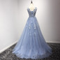 2017 Blue Beaded Pearls Appliques Long Prom Dresses Robe De Soiree Floor Length Party Evening Dress
