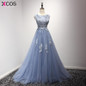 2017 Blue Beaded Pearls Appliques Long Prom Dresses Robe De Soiree Floor Length Party Evening Dress