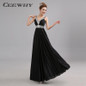 CEEWHY Sexy V-Neck Long Evening Dress Crystal Party Elegant A-line Prom Evening Gowns Vestidos de Festa Pleated Formal Dress