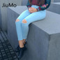 JiuMo New Black/White/Blue/Sky Blue Summer Style Hole Ripped Jeans Women Cool Denim High Waist Pants Capris Female Skinny Jeans