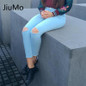 JiuMo New Black/White/Blue/Sky Blue Summer Style Hole Ripped Jeans Women Cool Denim High Waist Pants Capris Female Skinny Jeans