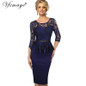 Vfemage Women Vintage Ladylike Sexy Lace top 3/4 Sleeve O-Neck Peplum Tunic Bodycon Women Wear to Work Office Pencil Dress 4909