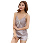 2 PCS Women Satin Lace Sleepwear Sexy Babydoll Lingerie Nightdress Pajamas Set