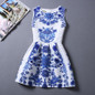 New Ladies Party Dress Women Summer Office Ladies O Neck Jacquard Print Vintage Ball Gown Slim Vest Dresses Vestidos Clothes