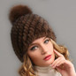 FURTALK Russian Real mink fur hat for women brand winter knitted mink fur beanie cap with fox fur pom pom