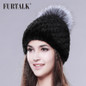 FURTALK Russian Real mink fur hat for women brand winter knitted mink fur beanie cap with fox fur pom pom