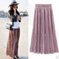Vintage Women Metallic Luster Stretch High Waist Plain Skater Flared Pleated Long Skirt Gold Sequined Skirts