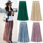 Vintage Women Metallic Luster Stretch High Waist Plain Skater Flared Pleated Long Skirt Gold Sequined Skirts