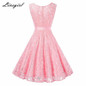 Vintage Floral Lace Pleated Dress Women Sleeveless V-Neck Elegant Party Sexy Dresses Retro 50s Summer Robe Big Swing Dress