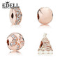 EDELL 100% 925 sterling silver Rose Gold Cleared CZ Charm beads Fits bangle DIY Bracelet Original Beads For Jewelry Making