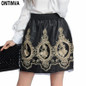 Golden Embroidery Tulle Skater Skirts Womens Floral Double Slit Skirt High Waist Skorts 2017 Spring Vintage Pleated Winter Skort
