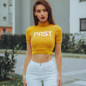 Weekeep Women Fashion Cropped Turtleneck t shirt Yellow Spring Short Sleeve Letter Print T-shirt Slim Waist Vogue Crop Top Shirt