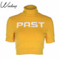 Weekeep Women Fashion Cropped Turtleneck t shirt Yellow Spring Short Sleeve Letter Print T-shirt Slim Waist Vogue Crop Top Shirt