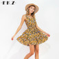 FKZ Summer Dress Women Flower Printed Sleeveless Hollow Out O-Neck Loose Casual Sexy Dresses Sundress Female Clothing SKQ44#