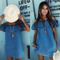 New Sexy Womens Blue Mini  Summer Beachwear Dress Ladies Ruffles Dresses Slash Neck Off Shoulder Vestidos