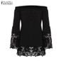 Off Shoulder Shirts Women Blouses 2018 Sexy Slash Neck Flare Sleeve Patchwork Lace Crochet Blusas Casual Tops Plus Size S-5XL